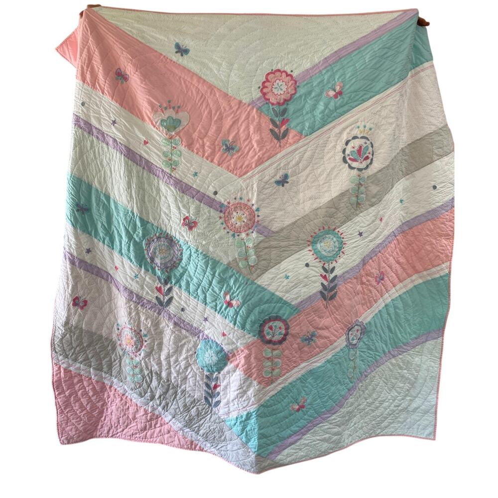 Pottery Barn Kids Full/Queen Alexia Quilt ~ 100% Cotton ~ Boho Floral Applique